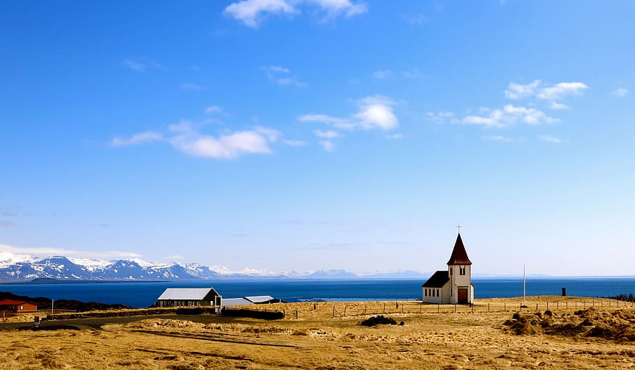 iceland, hellnar, mountain range, coast, church, nature, architecture, HD wallpaper