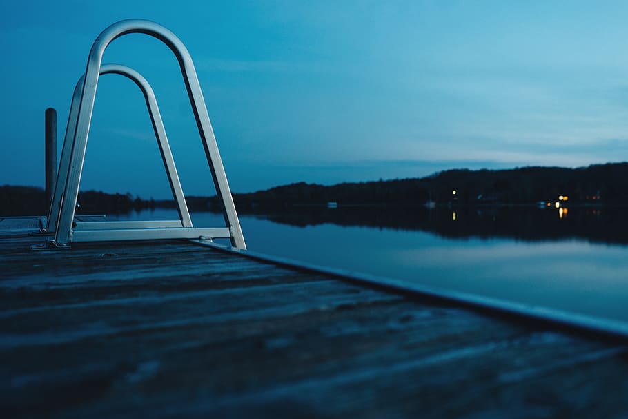 Stainless Steel Side Ladder Near Body of Water, dark, jetty, pier HD wallpaper