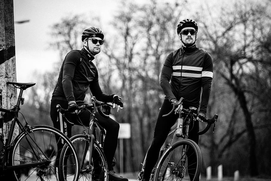 grayscale photography of two cyclers, two people, bicycle, men, HD wallpaper