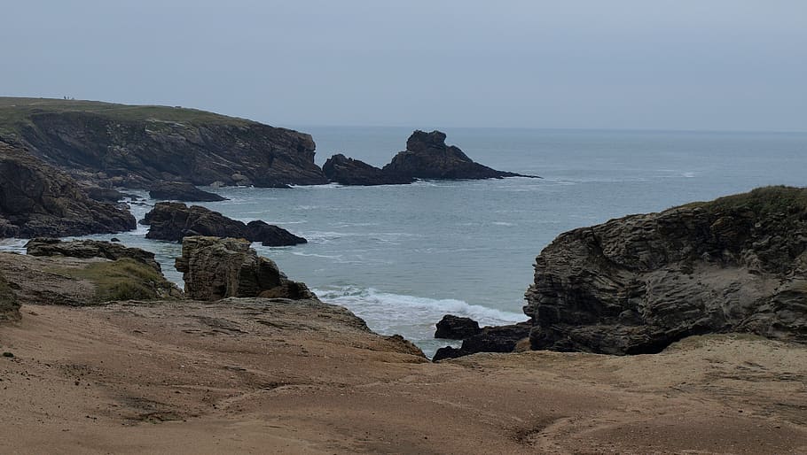 france, brittany, sea, rock, rock - object, solid, water, land HD wallpaper