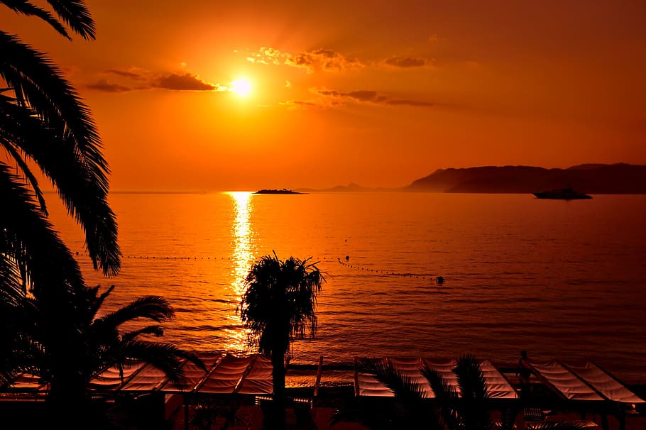 croatia, cavtat, hotel cavtat, boat, island, sunset, orange
