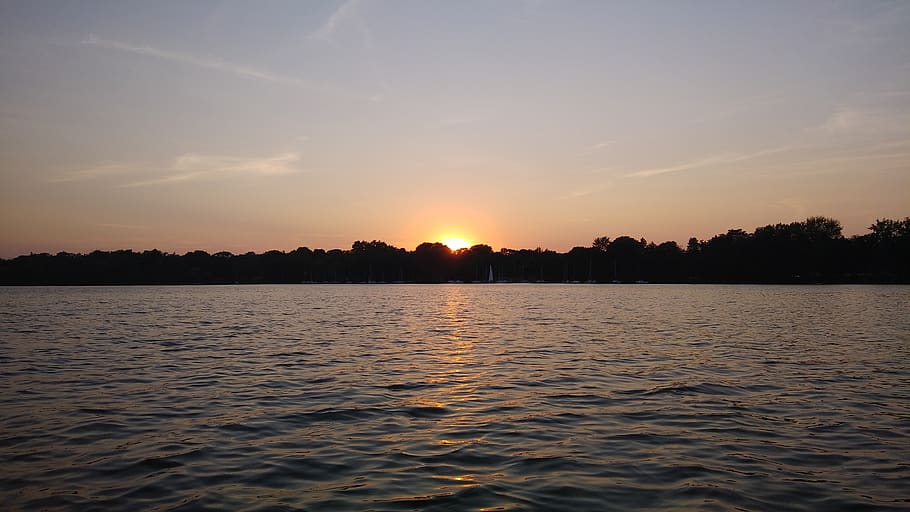 sunset, lake, sky, water, nature, reflection, evening, scenery HD wallpaper