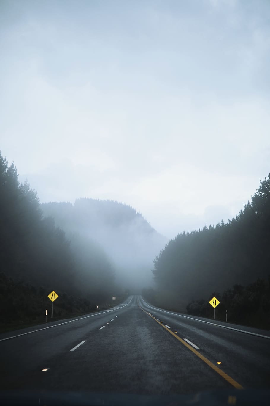 road, highway, nature, fog, mist, green, outdoors, asphalt HD wallpaper
