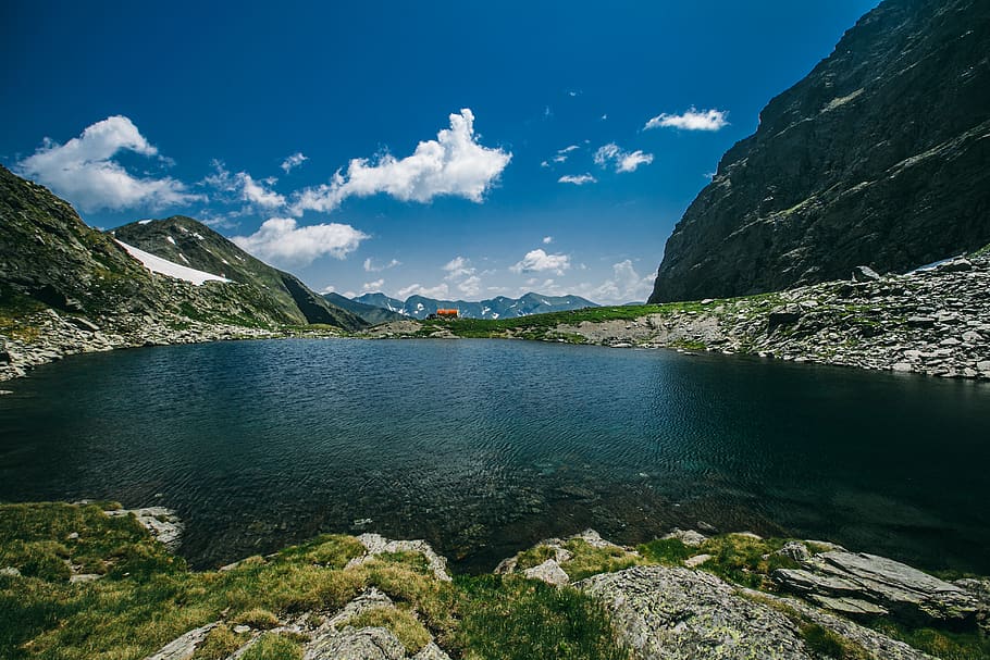 mountain, lake, shelter, view, landscape, spring, water, scenics - nature HD wallpaper