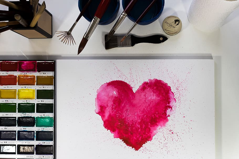 heart, valentine, love, affection, red, pink, watercolor, paint HD wallpaper