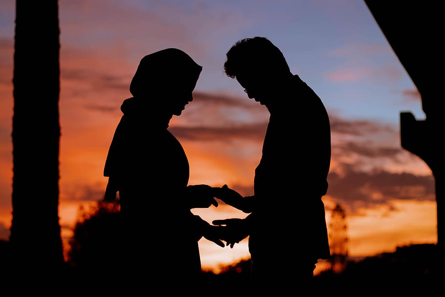 Man and Woman Silhouette, backlit, clouds, couple, dark, dawn