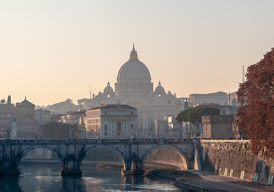 rome, sunset, bridge, dome, architecture, city, historical HD wallpaper