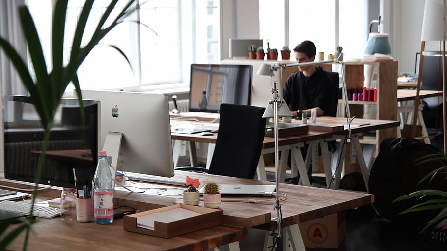 people, man, office, work, computer, desk, table, interior HD wallpaper
