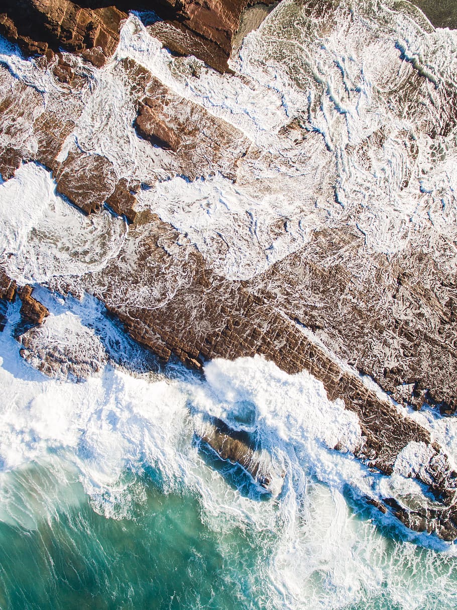 aerial photography of mountain near shore, ocean, cliff, drone HD wallpaper