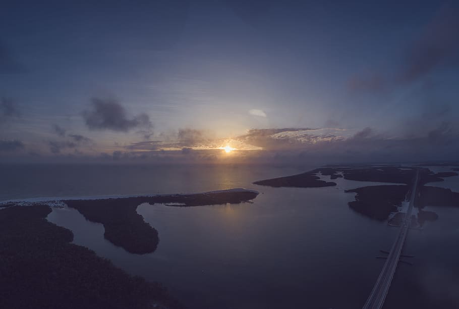 Gray Suspension Bridge Surrounded With Islets, clouds, dawn, evening HD wallpaper