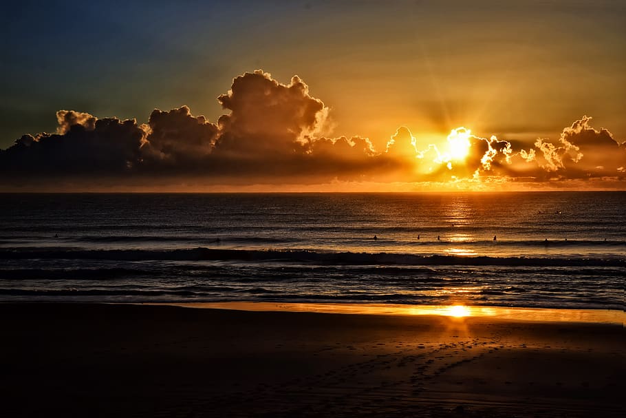 sunrise, surf, sunset, water, ocean, evening, coast, sky, sea HD wallpaper