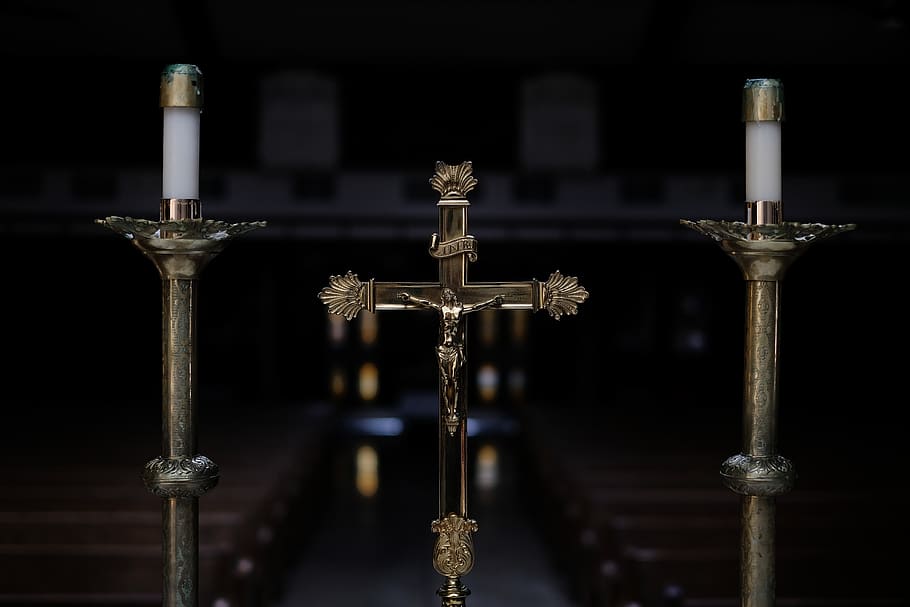 gold-colored crucifix, belief, religion, spirituality, focus on foreground HD wallpaper