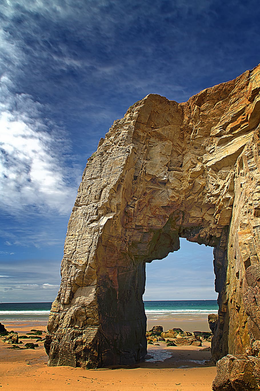 ocean, beach, quiberon, sky, rock, rock - object, rock formation HD wallpaper