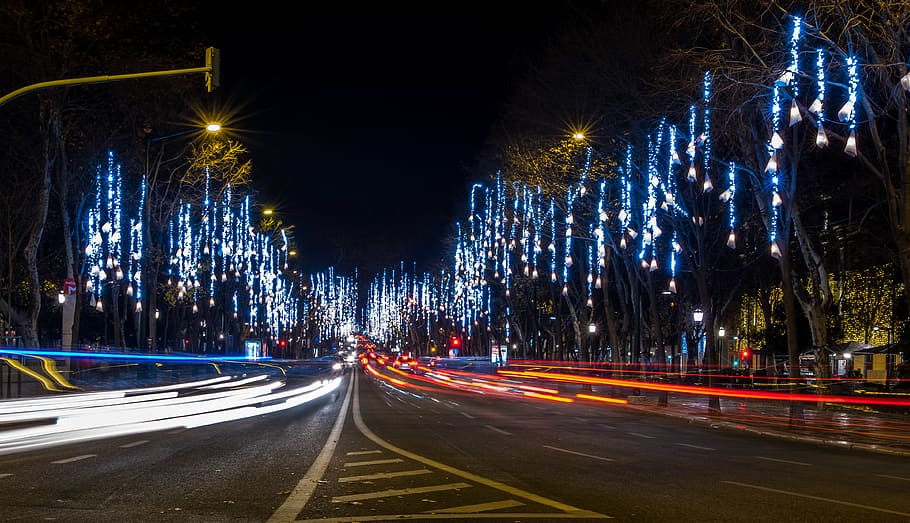 portugal, lisbon, night, illuminated, light trail, long exposure HD wallpaper