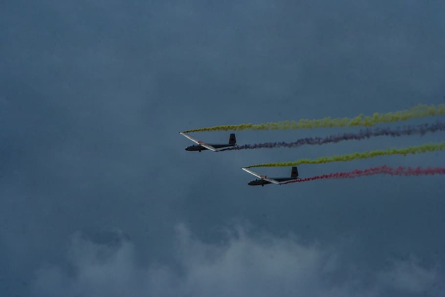 kunstflug, segeln, rot, gelb, blau, air vehicle, airplane, flying, HD wallpaper