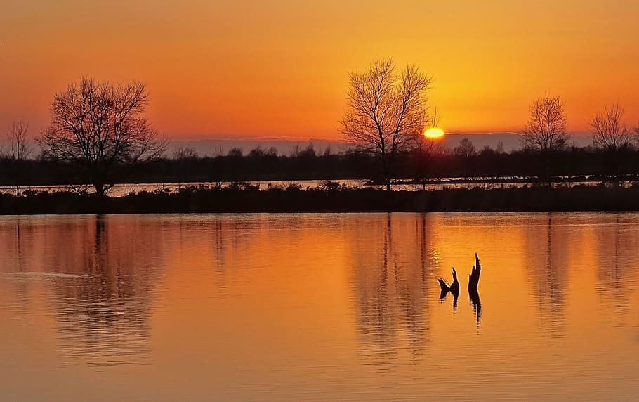 sunset, colorful, sky, silhouettes, reflection, nature, outdoors HD wallpaper