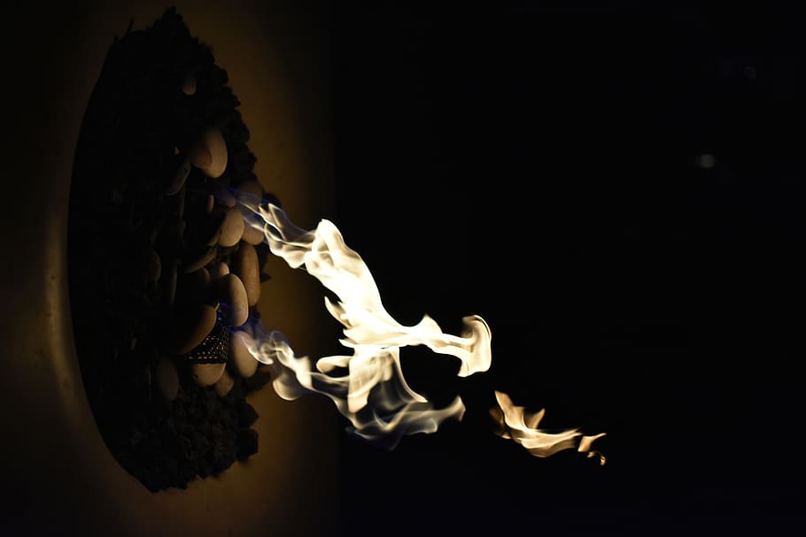 bonfire wallpaper, black background, indoors, burning, flame HD wallpaper
