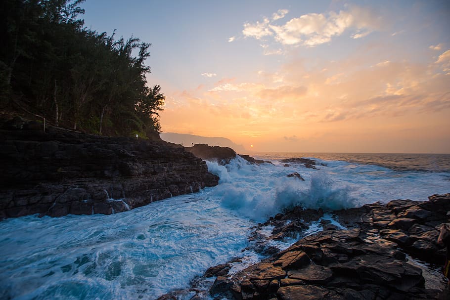 waves, crashingwaves, rocks, sea, napalicoast, sunset, beach HD wallpaper