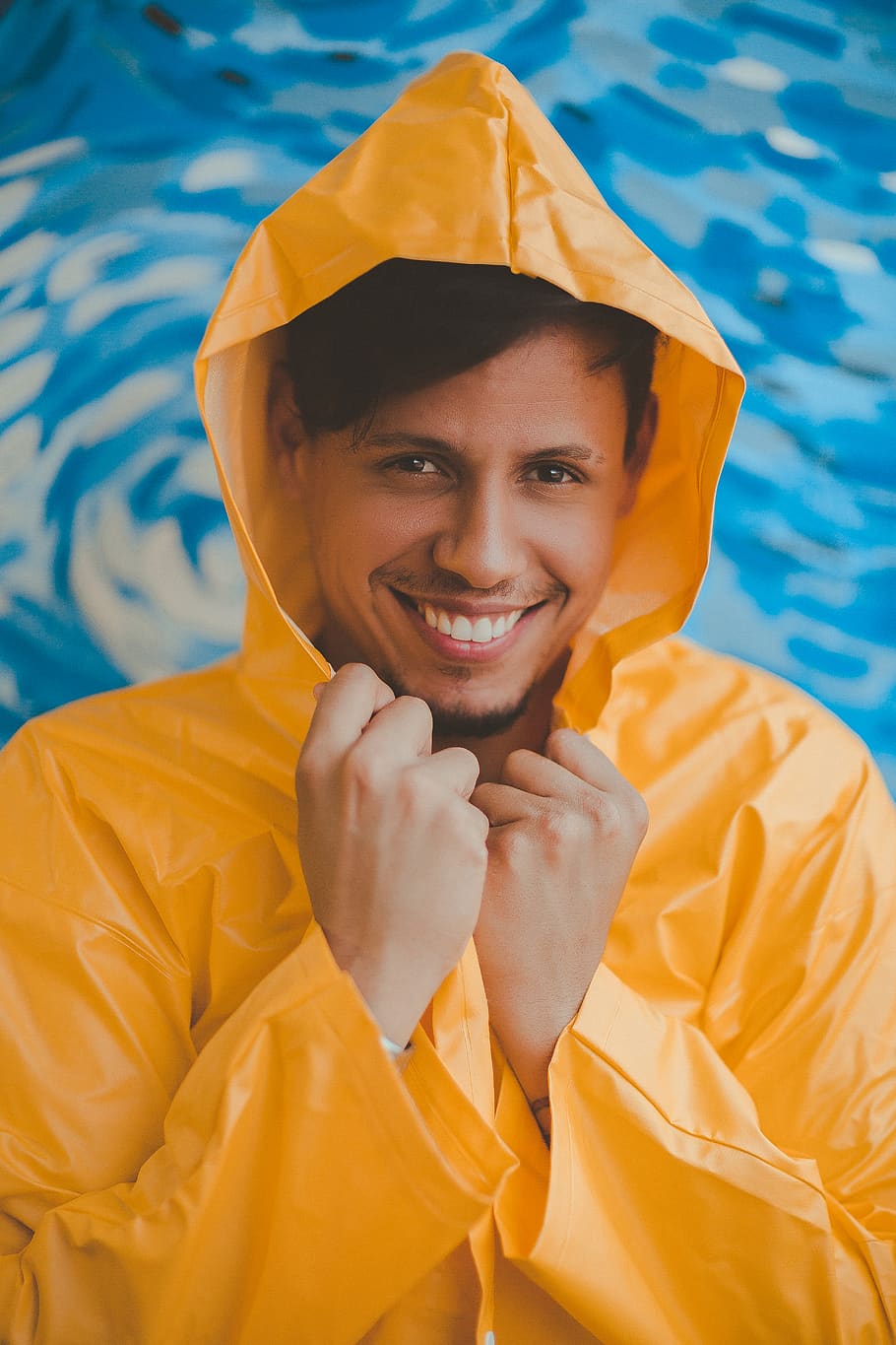 Man Wearing Yellow Raincoat, fine-looking, hands, male, smile HD wallpaper