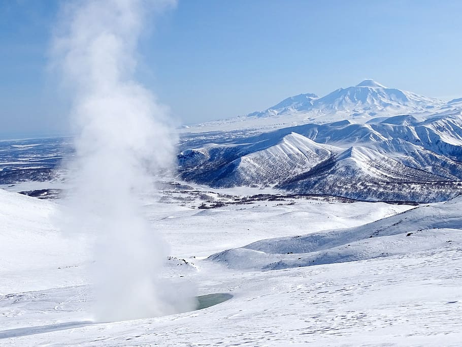 fumarole, pairs, post, winter, snow, coldly, frost, volcano HD wallpaper