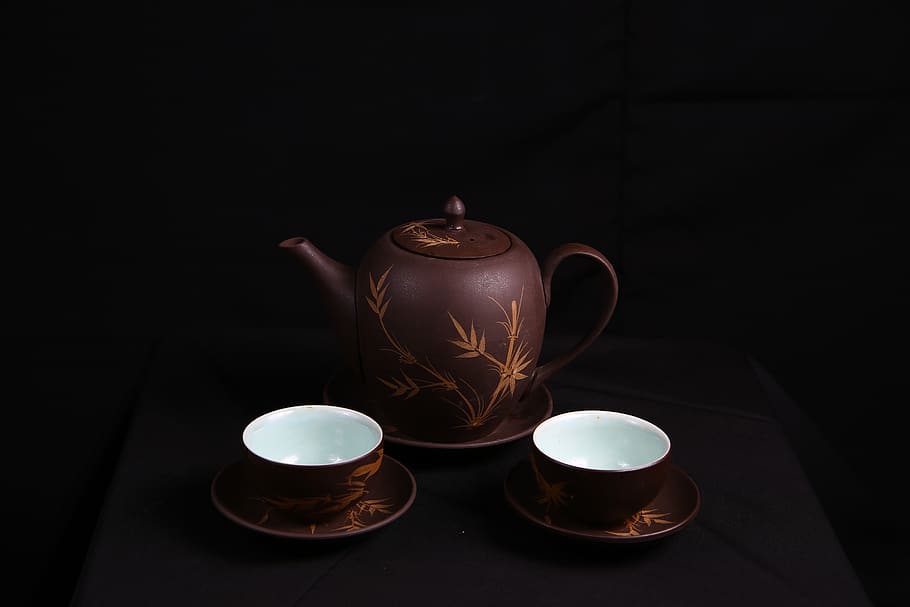 Brown Floral Ceramic Tea Set, ceramics, cups, porcelain, tableware