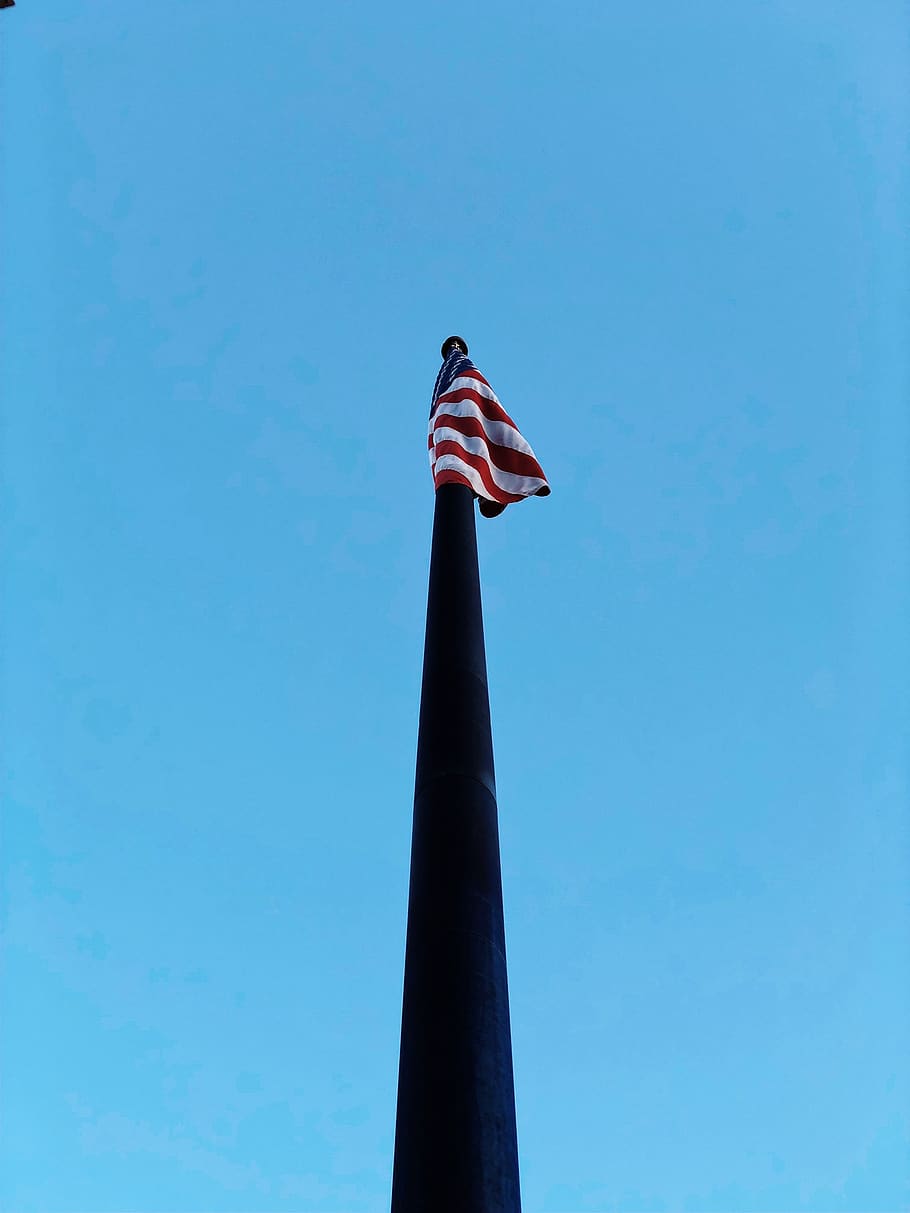 flag, low angle view, patriotism, blue, sky, clear sky, day HD wallpaper