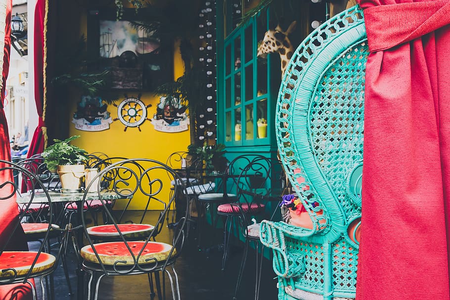 empty chairs and tables during daytime, no people, multi colored HD wallpaper