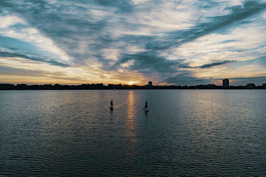 Body of Water during Sunset, beach, clouds, dawn, evening, high angle shot HD wallpaper