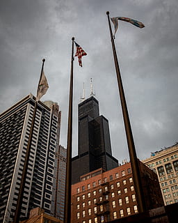 raised flags on pole, symbol, building, office building, american flag HD wallpaper