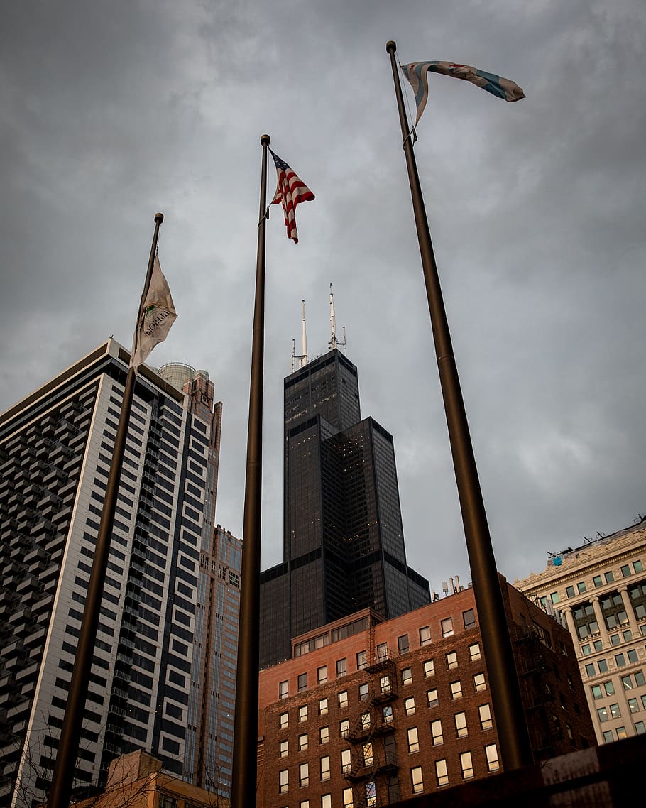 raised flags on pole, symbol, building, office building, american flag HD wallpaper