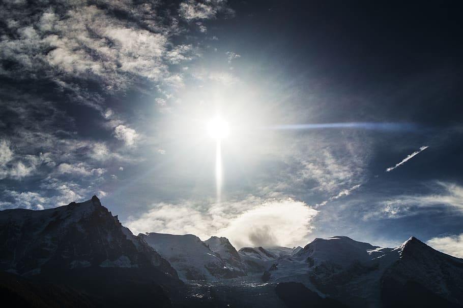 mountains, alps, sun, blink, chamonix, sky, sunbeam, sunlight HD wallpaper