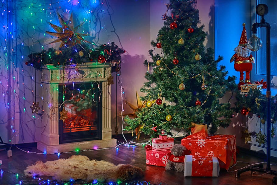christmas, interior, cosy, low light, fireplace, decoration HD wallpaper