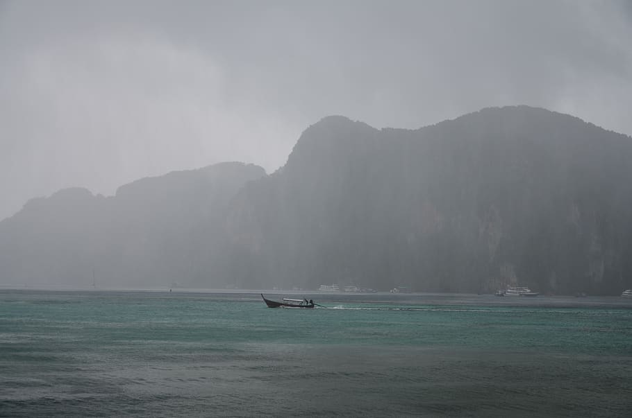 thailand, ko phi phi don, sea, storm, mist, boat, mountain HD wallpaper
