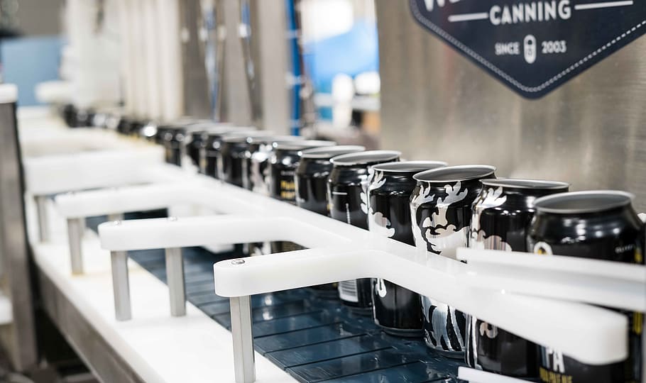 black labeled beverage cans, building, factory, assembly line HD wallpaper
