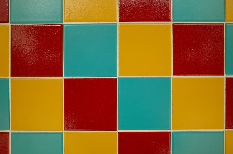 tiles, red, turquoise, yellow, muted, pattern, multi colored HD wallpaper