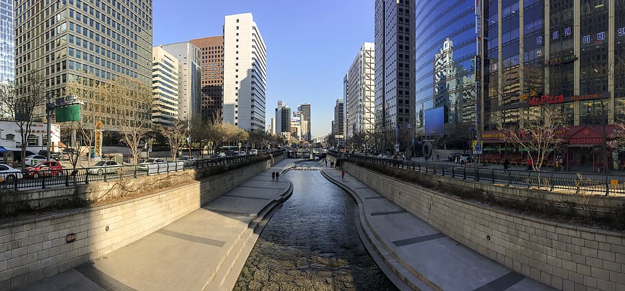 south korea, seoul, stream, brook, buildings, river, seul, panorama