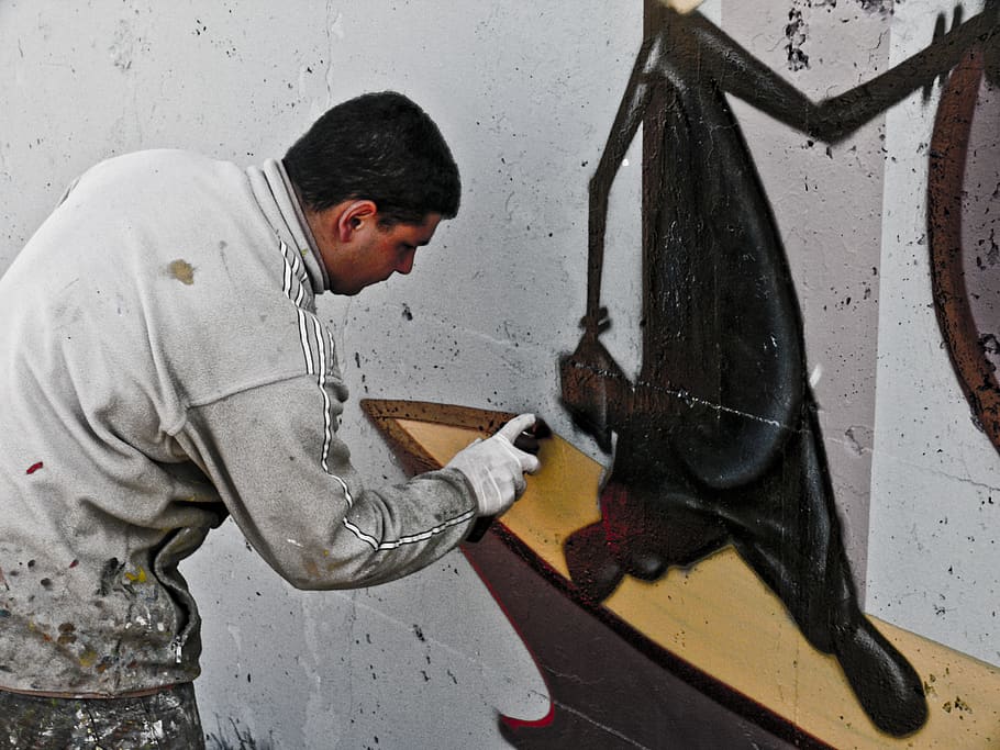 man painting graffiti on wall, person, human, clothing, apparel, HD wallpaper
