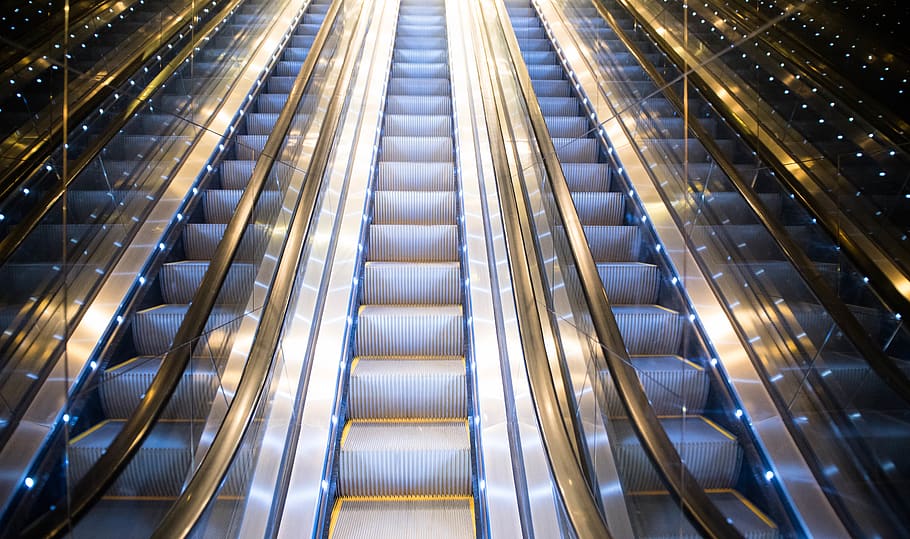 gray escalator, illuminated, architecture, low angle view, futuristic HD wallpaper
