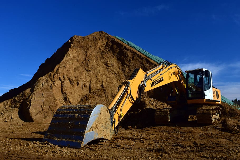 excavators, clay, open pit mining, sky, work, removal, shovel, HD wallpaper