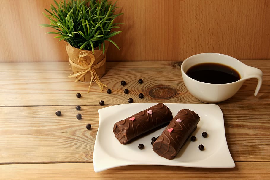 coffee, coffee cup, white, black, cake, chocolate cake, plate HD wallpaper