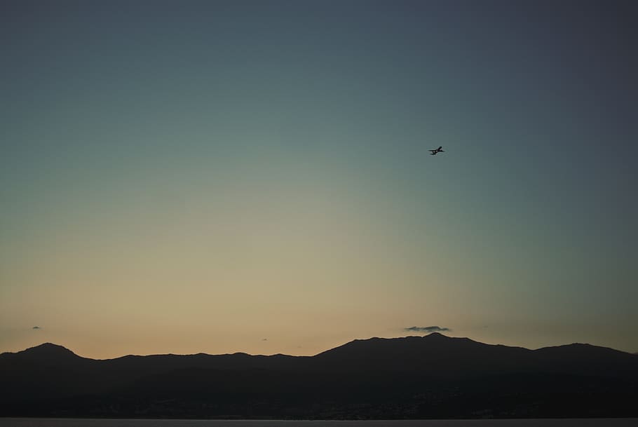 sky, blue, sunset, plane, flying, mountain, beauty in nature HD wallpaper