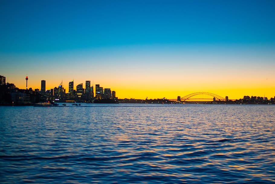 sydney, australia, sydney harbour bridge, sunset, harbor, play of colors, HD wallpaper
