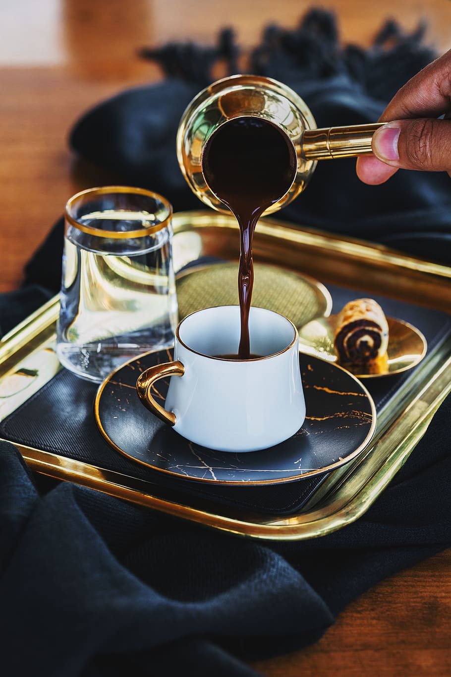 person pouring coffee on white cup, coffee cup, pottery, saucer HD wallpaper