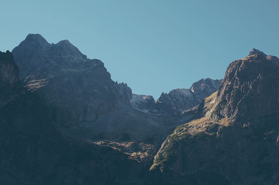 rocks, mountain, highland, blue, sky, summit, ridge, landscape HD wallpaper
