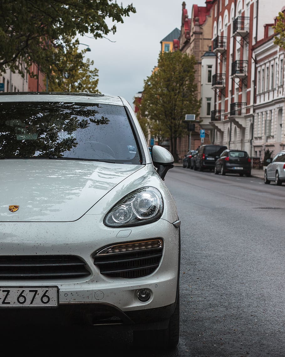 white Porsche SUV on sidewalk, vehicle, transportation, automobile, HD wallpaper