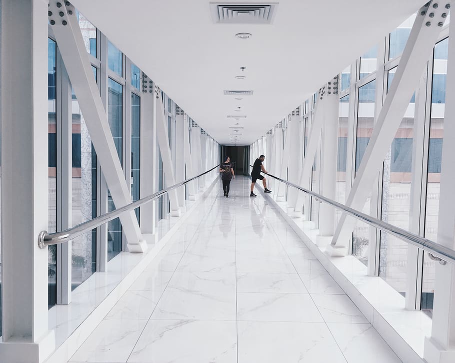 Two People Standing on Hallway Near Glass Window, architecture HD wallpaper