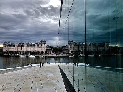 oslo, norway, overcast, reflection, mirror image, opera, architecture HD wallpaper