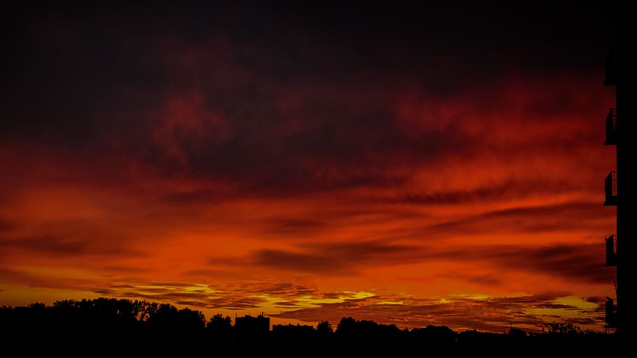 sunset, city, red, orange color, cloud - sky, beauty in nature HD wallpaper