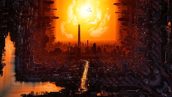 sunset, dawn, dusk, panoramic, outdoors, inception, fantasy HD wallpaper