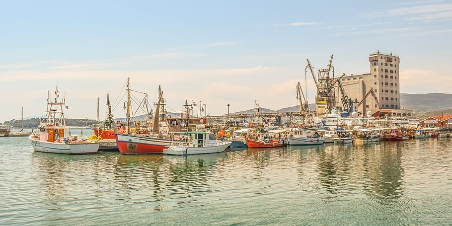 greece, volos, port, harbor, boats, cranes, silo, maritime, HD wallpaper